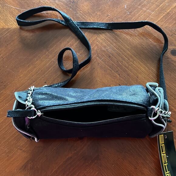 Sasha Shiny Black Barrel Purse with Zipper Flowers Clubwear Festival Boho Hippie - Picture 4 of 7